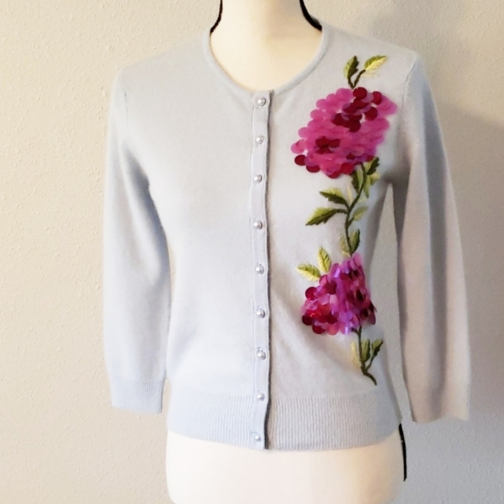WHITE + WARREN Rare Embellished Baby Blue Cardigan